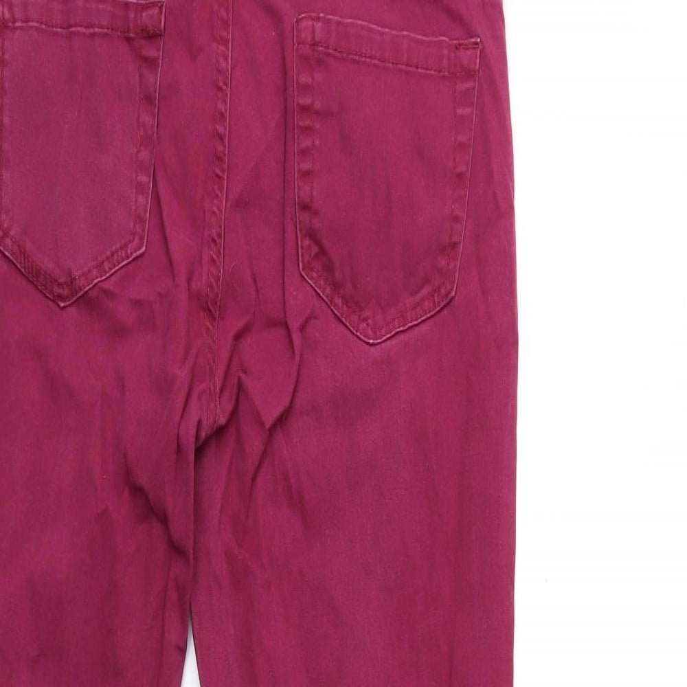 Brand and care label for Peacocks women’s purple denim skinny jeans, size UK 10, 29-inch leg