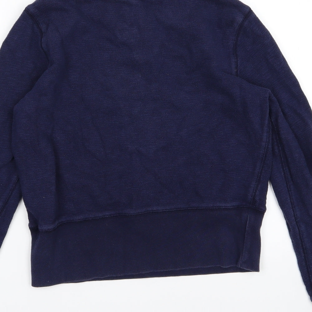 Brand and care label for Gap women’s blue jersey pullover sweatshirt, size XS