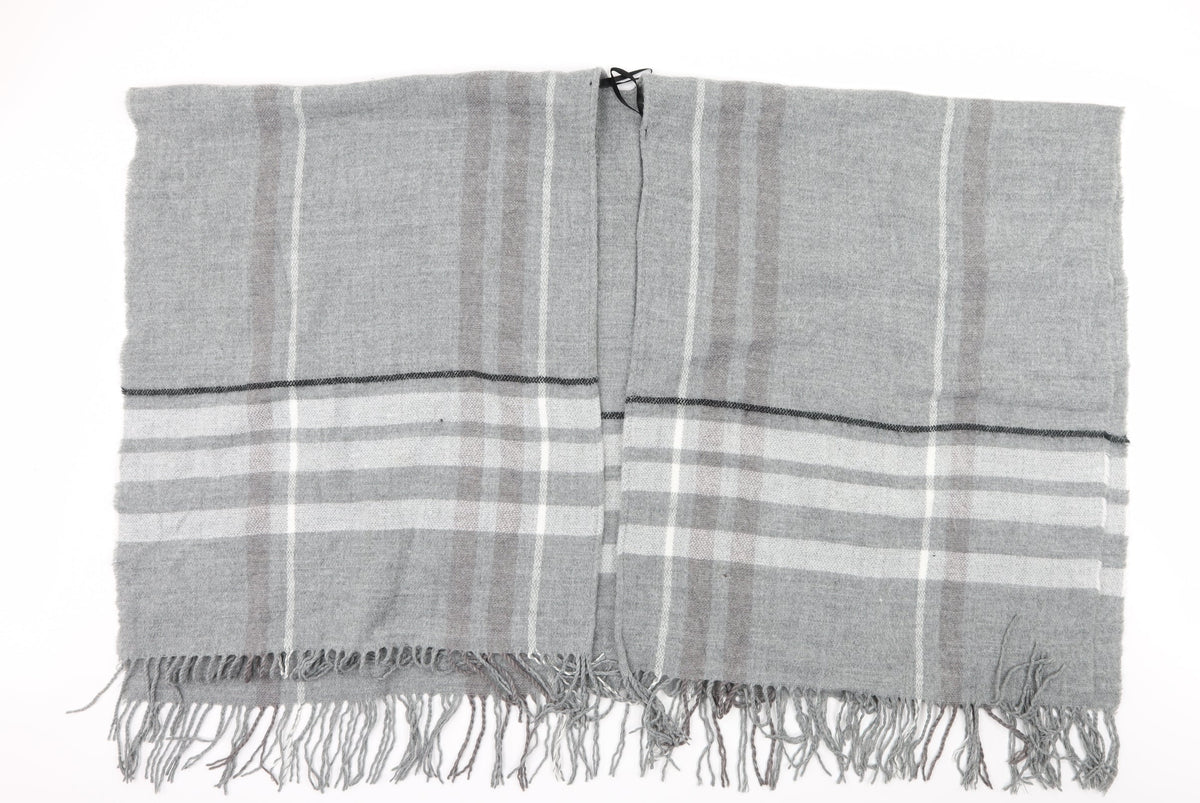 Additional front view of Preworn women’s grey striped knit shawl/wrap