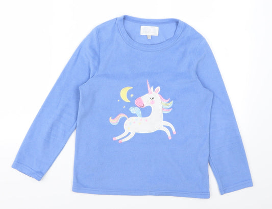 Additional front view of PJ Collections girls’ blue animal print fleece top pyjama top, size 9-10, years - unicorn