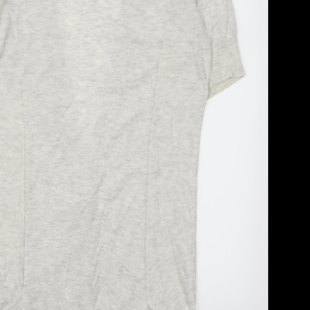 Brand and care label for New Look women’s grey cardigan jumper, size UK 12