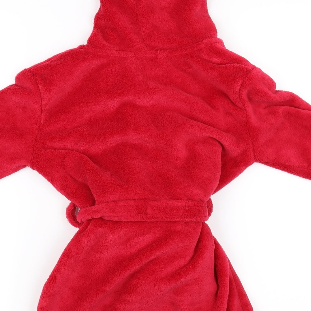 Brand and care label for Preworn boys’ red gown, size 6-7, years