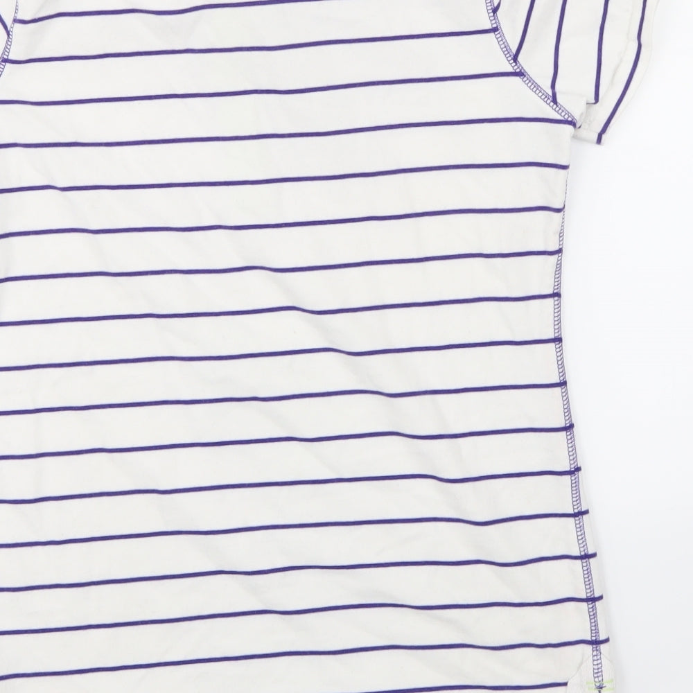 Brand and care label for Marks & Spencer women’s white striped basic t-shirt, size UK 10