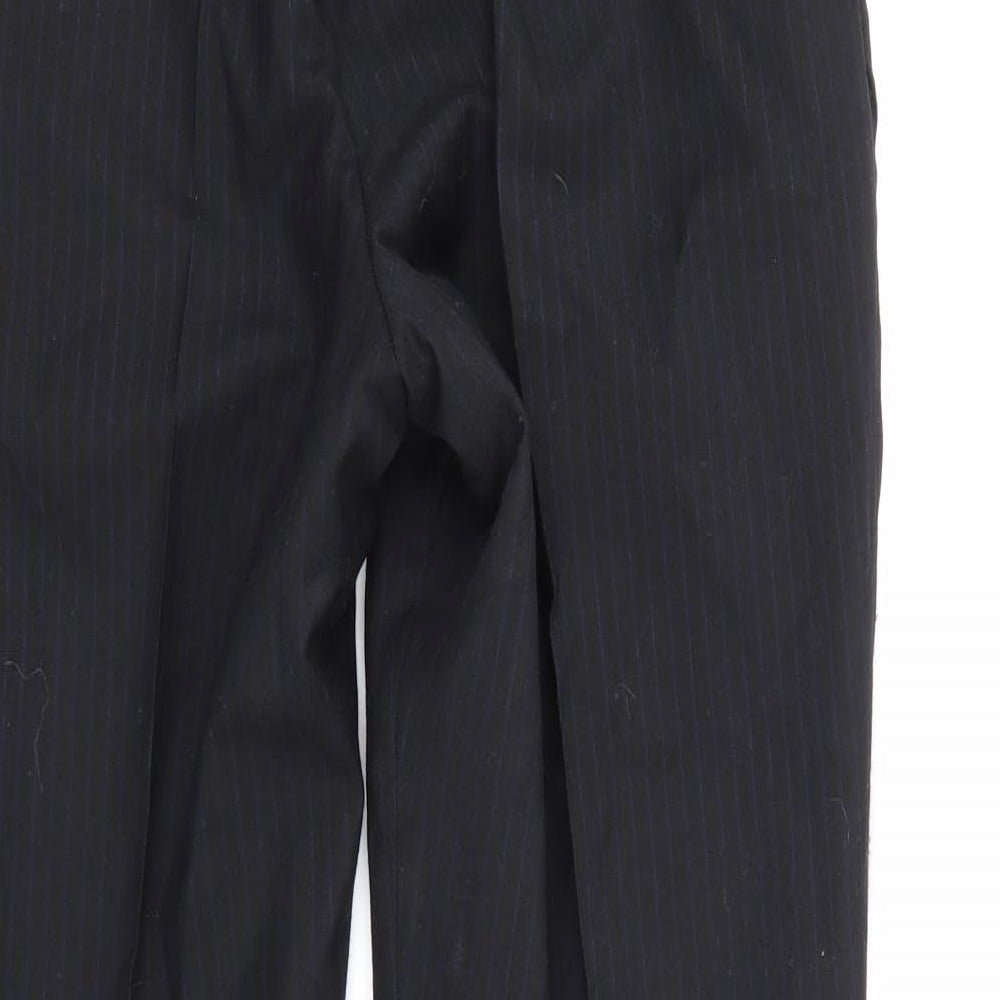 Brand and care label for Sanremo men’s blue striped trousers, size 32, in, 29-inch leg