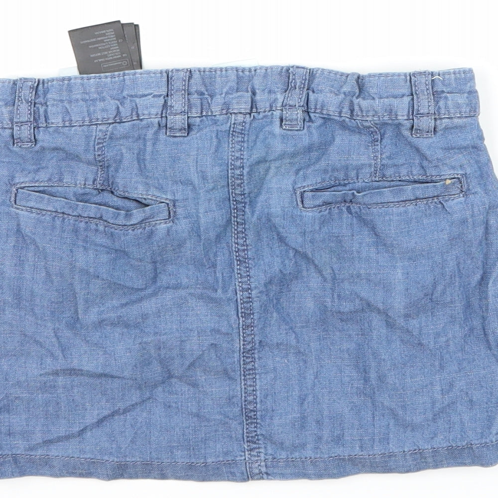 Brand and care label for H&M girls’ blue denim a-line skirt, size 6-7, years