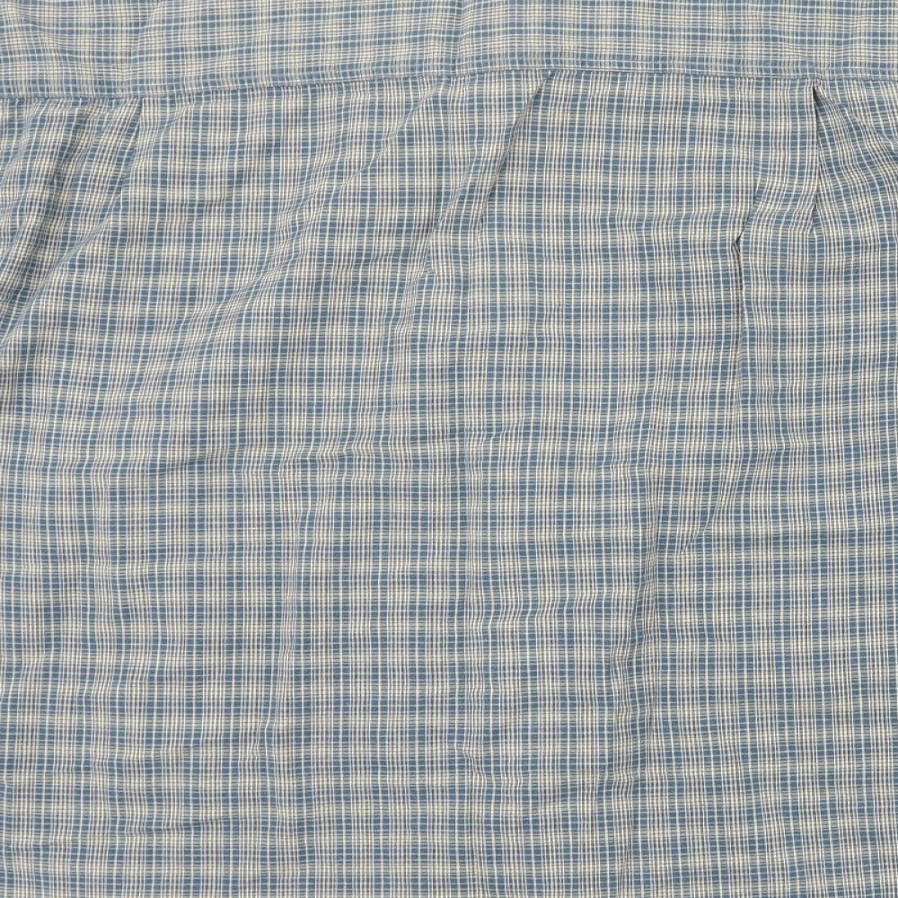 Brand and care label for Stone River men’s blue check button-up, size XL