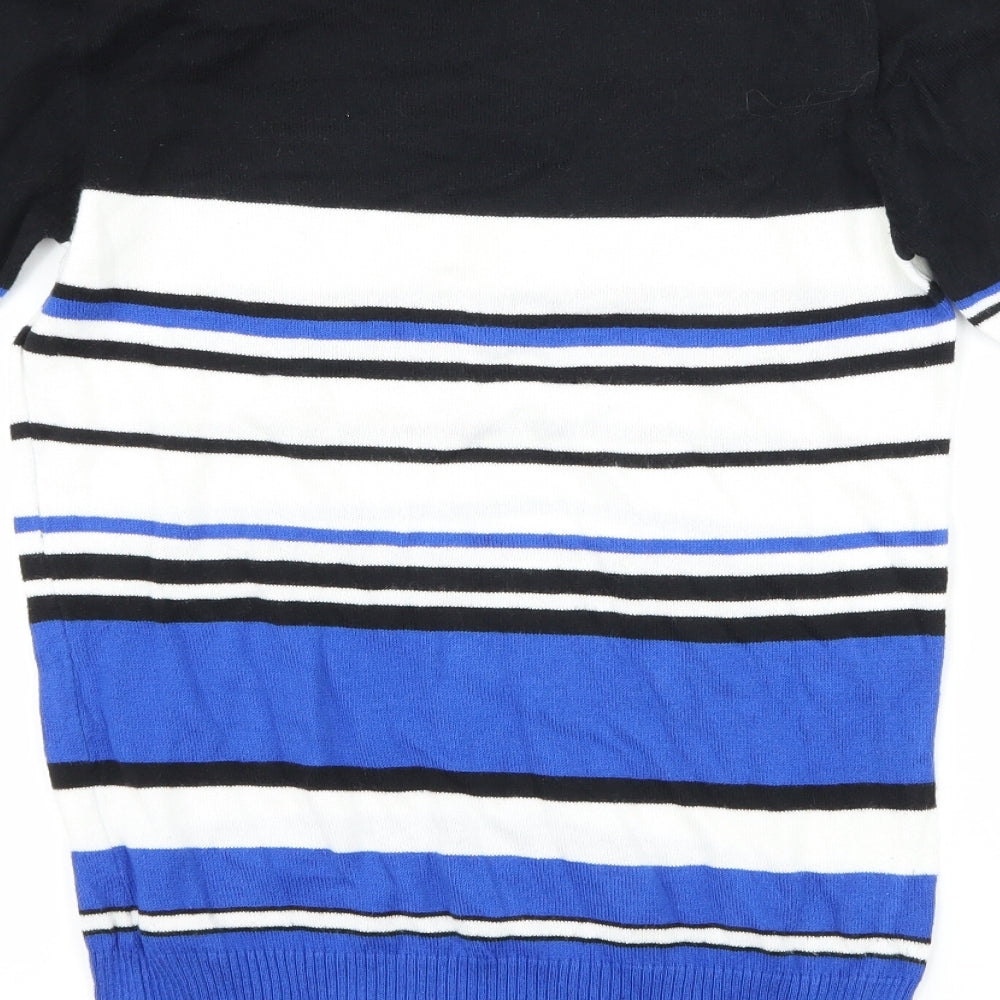 Brand and care label for Peacocks women’s blue striped basic t-shirt, size UK 8