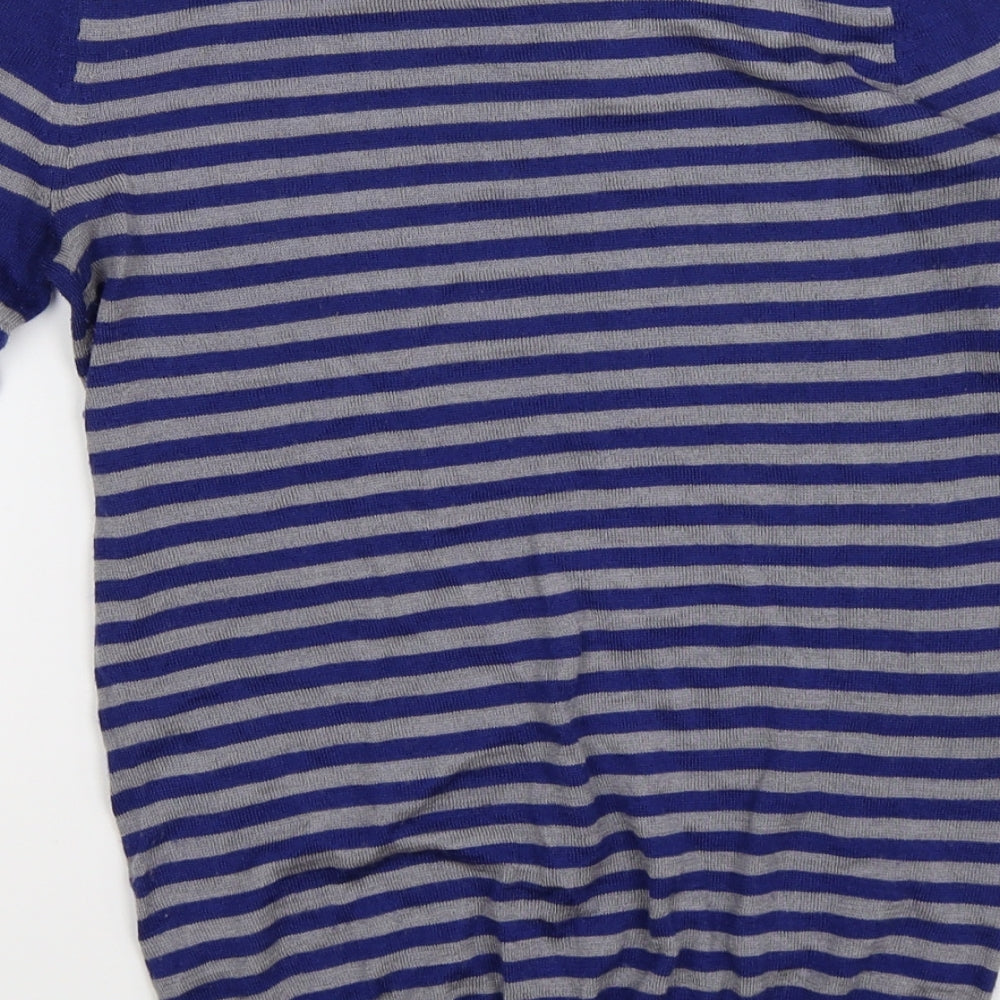Brand and care label for Bordeaux women’s blue striped knit jumper, size XS