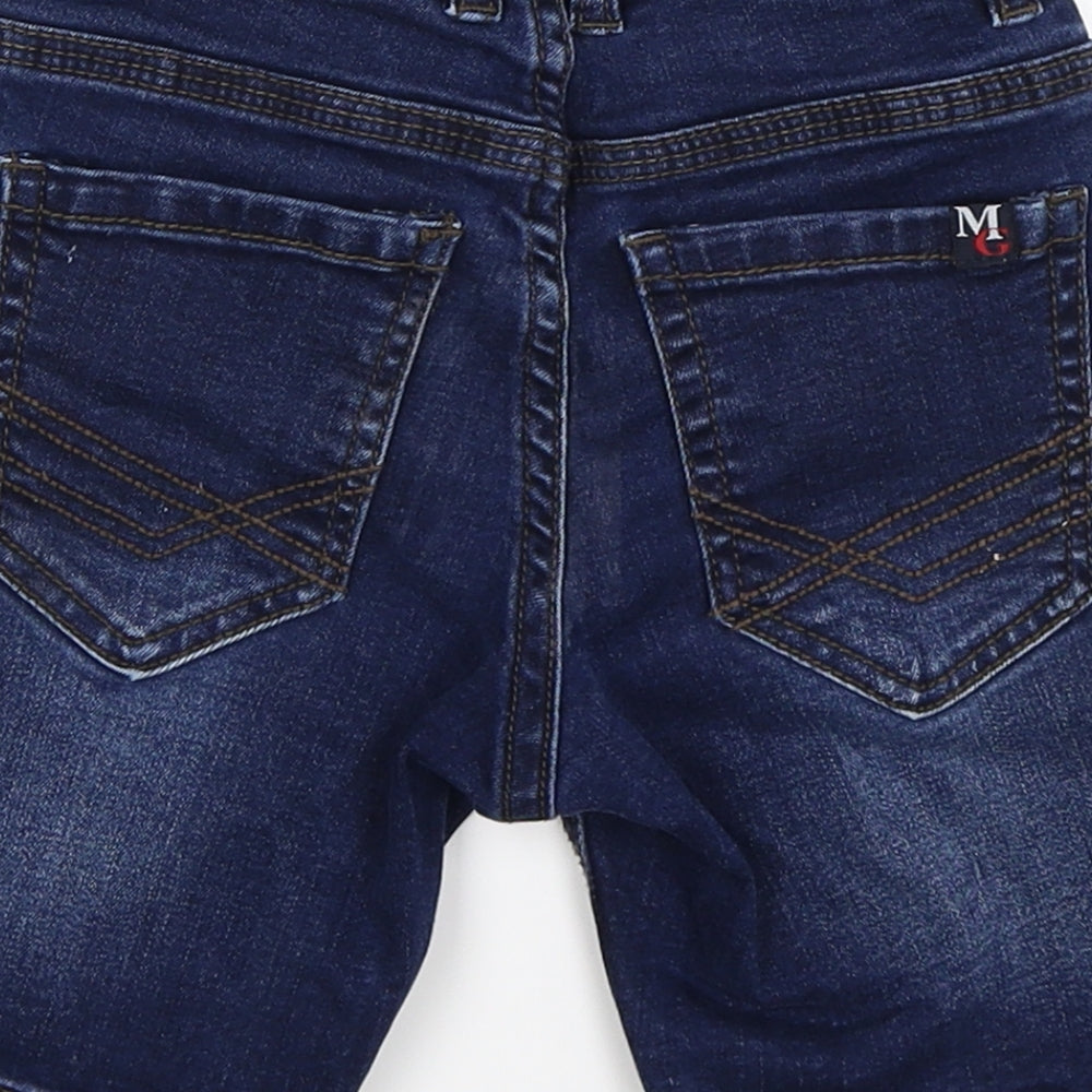 Brand and care label for moose gear boys’ blue denim chino shorts, size 2, years