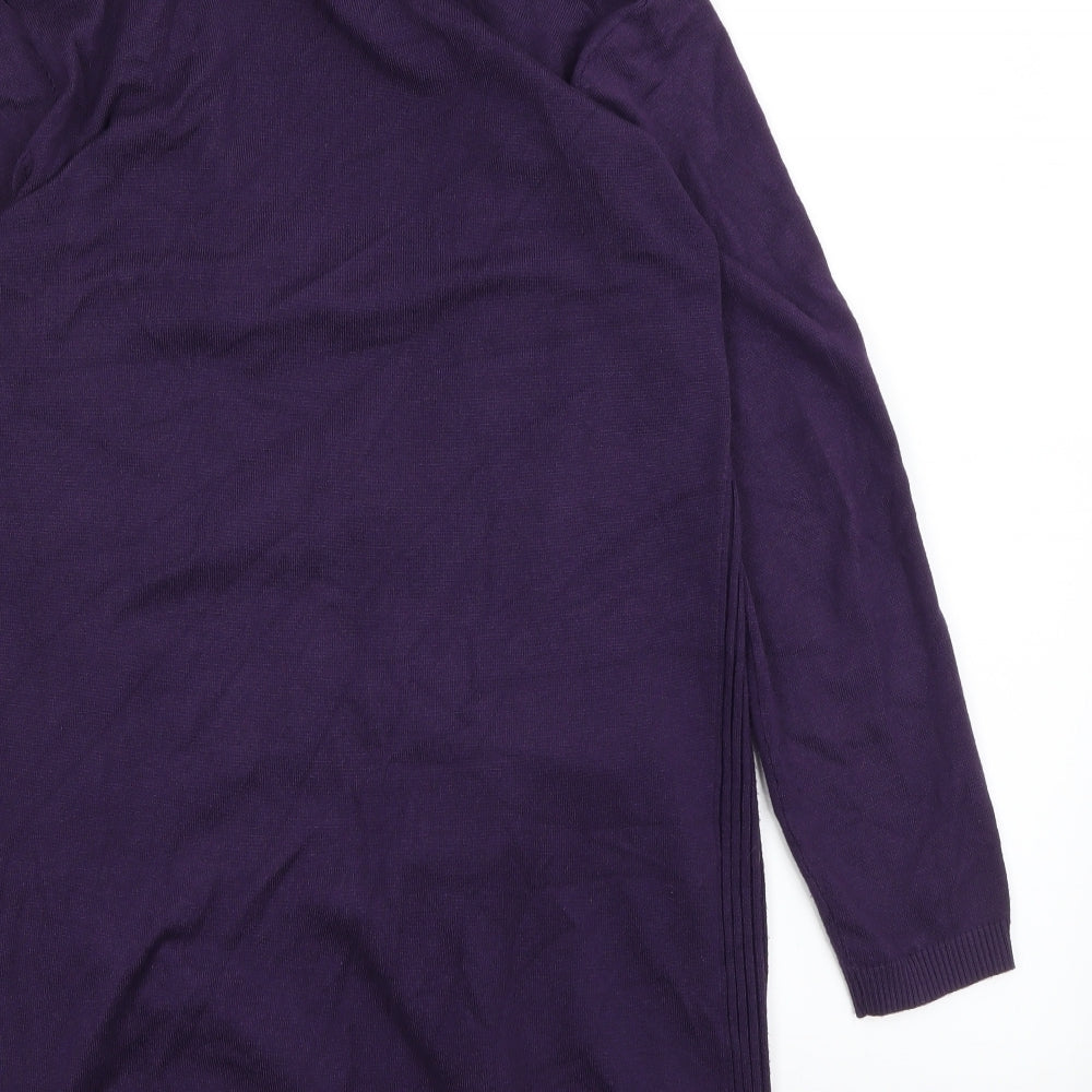 Brand and care label for Mimosa women’s purple knit cardigan jumper, size UK 12