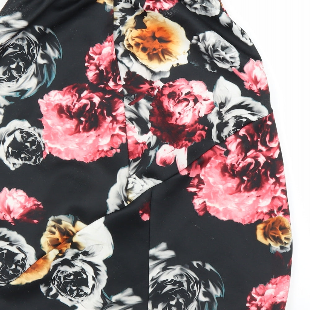 Brand and care label for Preworn women’s black floral straight & pencil skirt, size UK 12