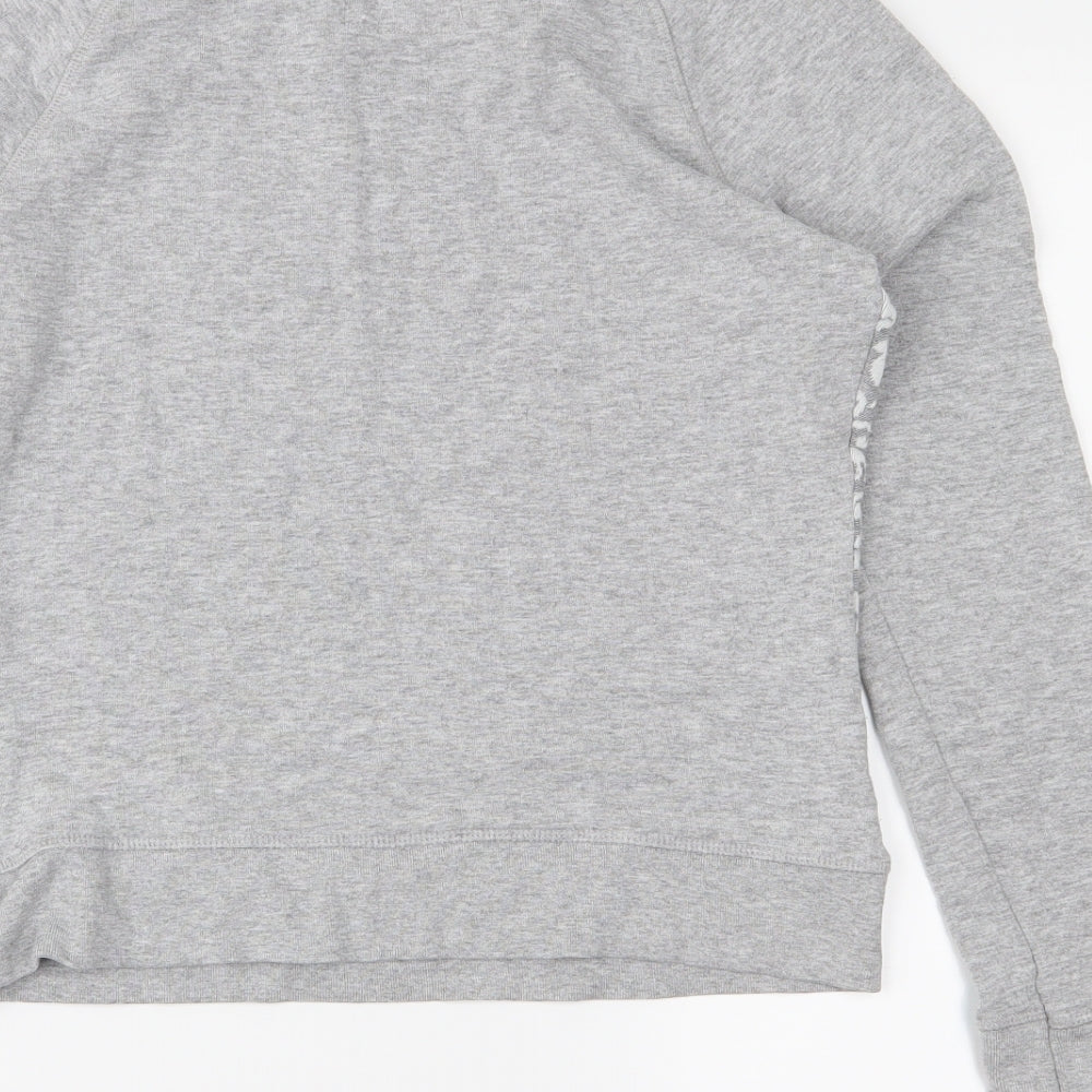 Brand and care label for H&M women’s grey jersey pullover sweatshirt, size S