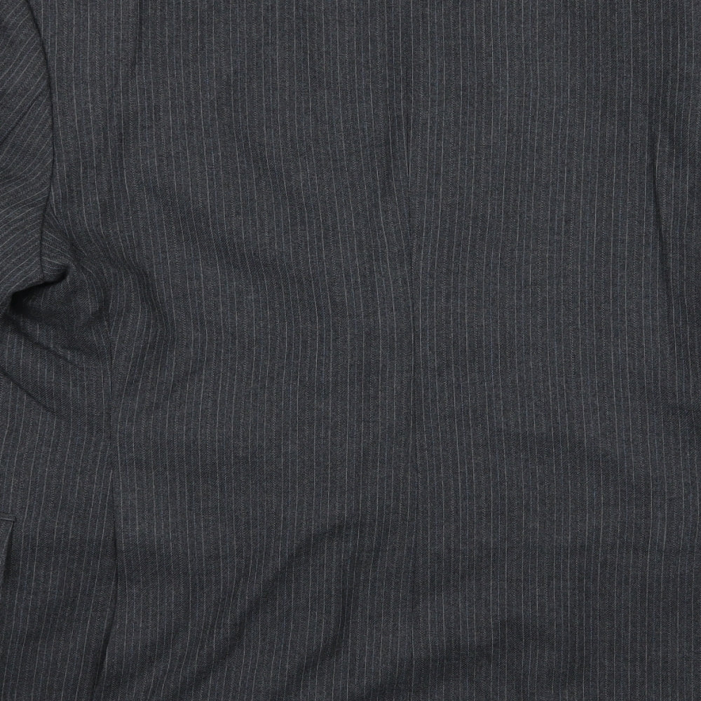Brand and care label for Preworn men’s blue striped rayon jacket suit jacket, size 40