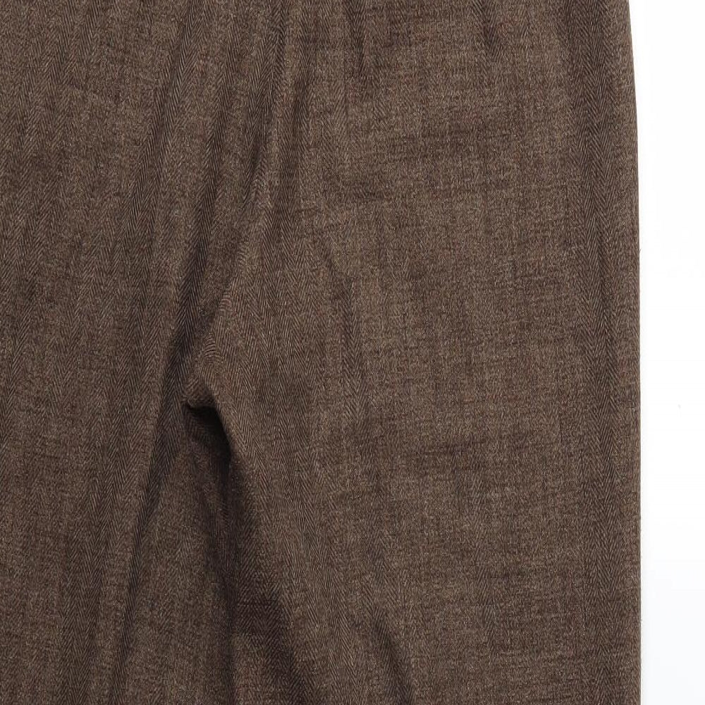 Brand and care label for Dunnes women’s brown trousers, size UK 12, 27-inch leg
