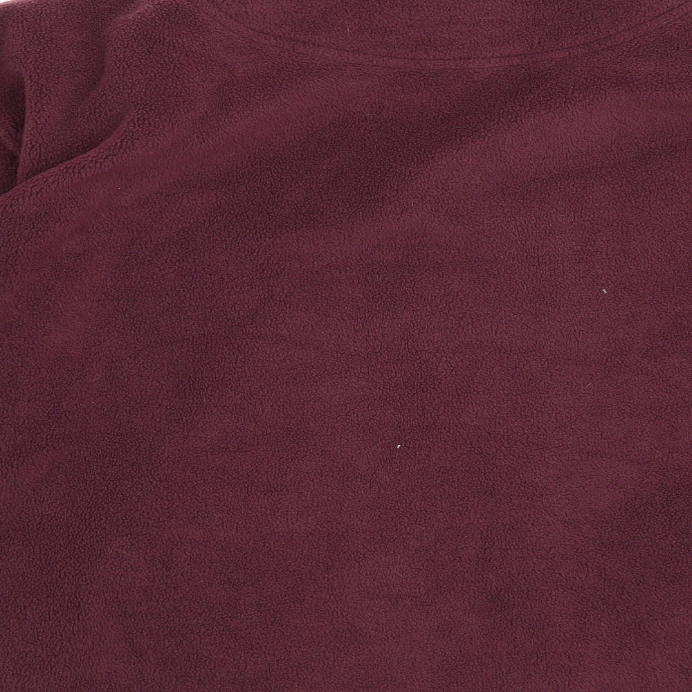 Brand and care label for women’s purple pullover sweatshirt, size M