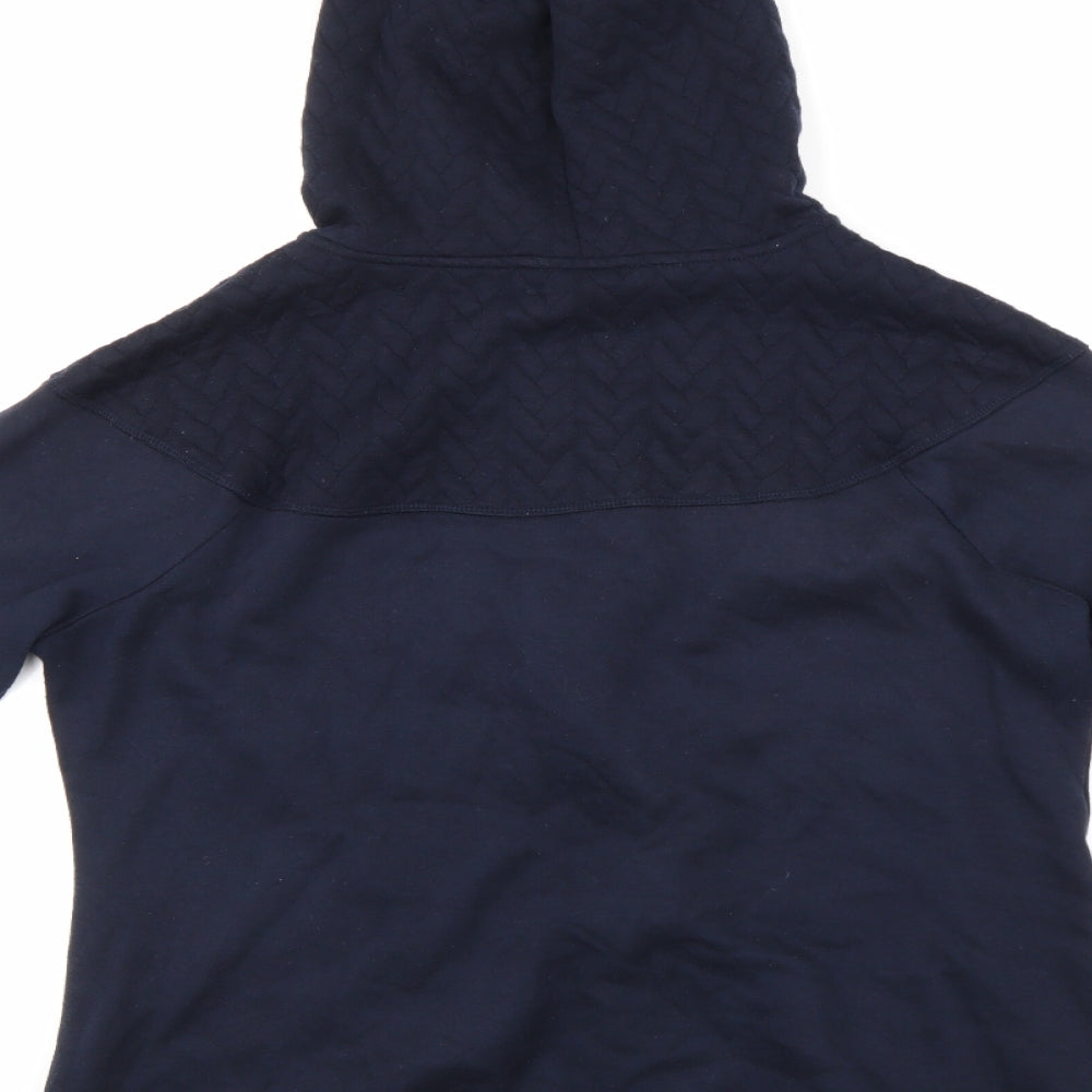 Brand and care label for St Johns Bay men’s blue pullover hoodie, size M