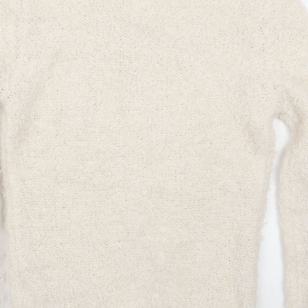 Brand and care label for New Look women’s white jumper, size UK 8