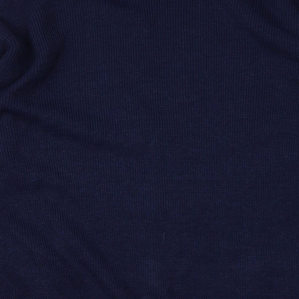Brand and care label for 100acrylic women’s blue knit cardigan jumper, size 2XL