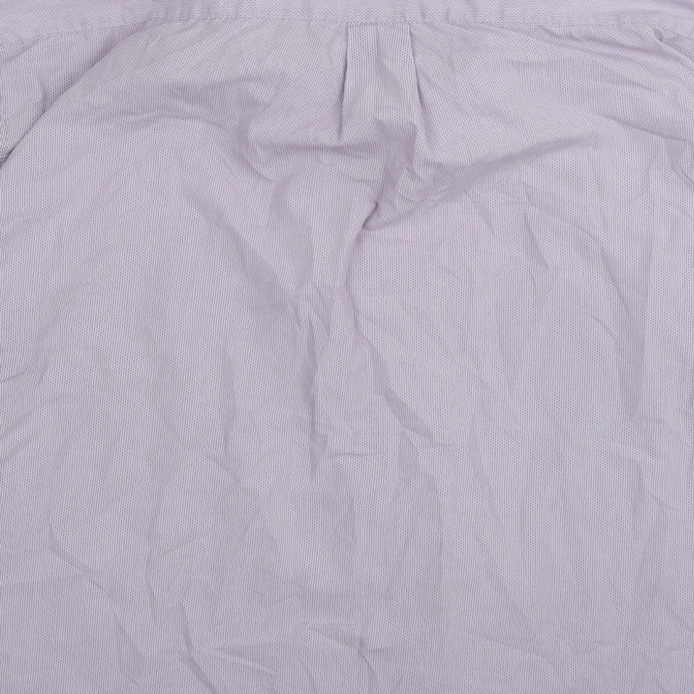 Brand and care label for Tom Hagan men’s purple check button-up, size 17