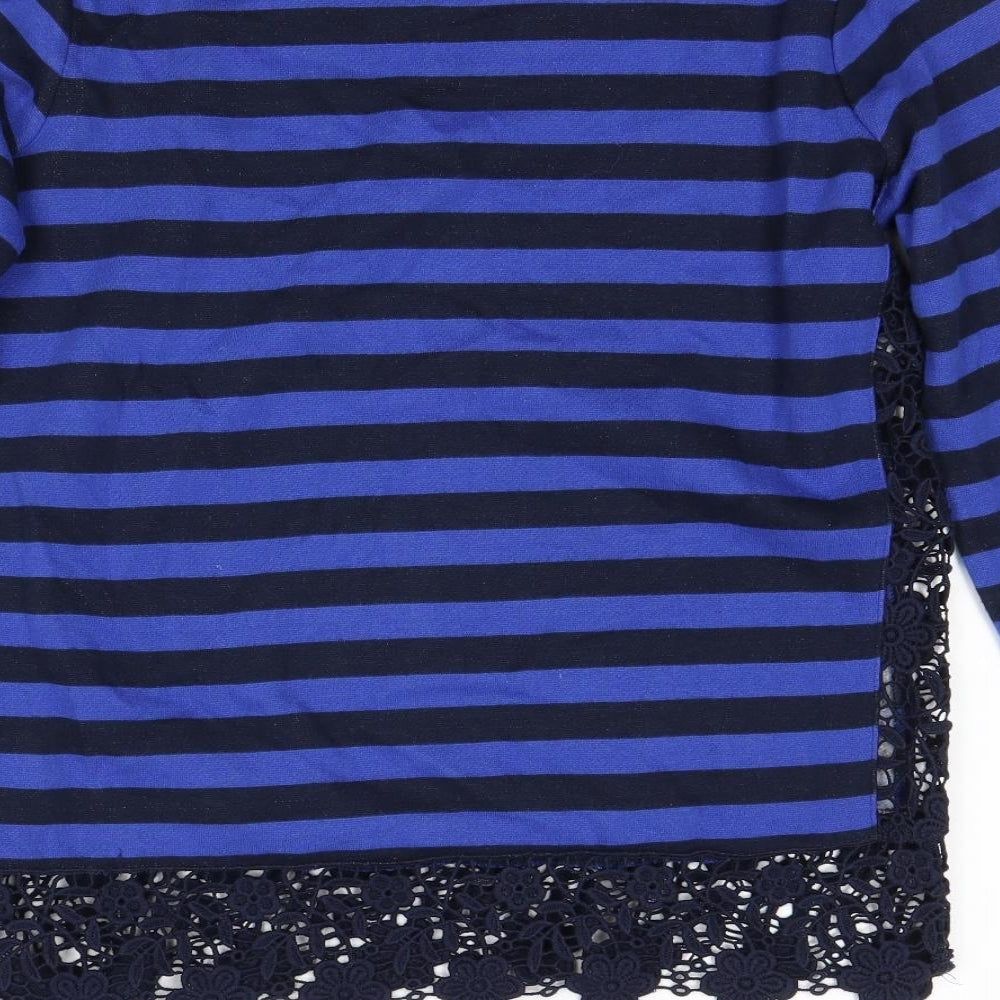 Brand and care label for Next women’s blue striped jumper, size UK 8