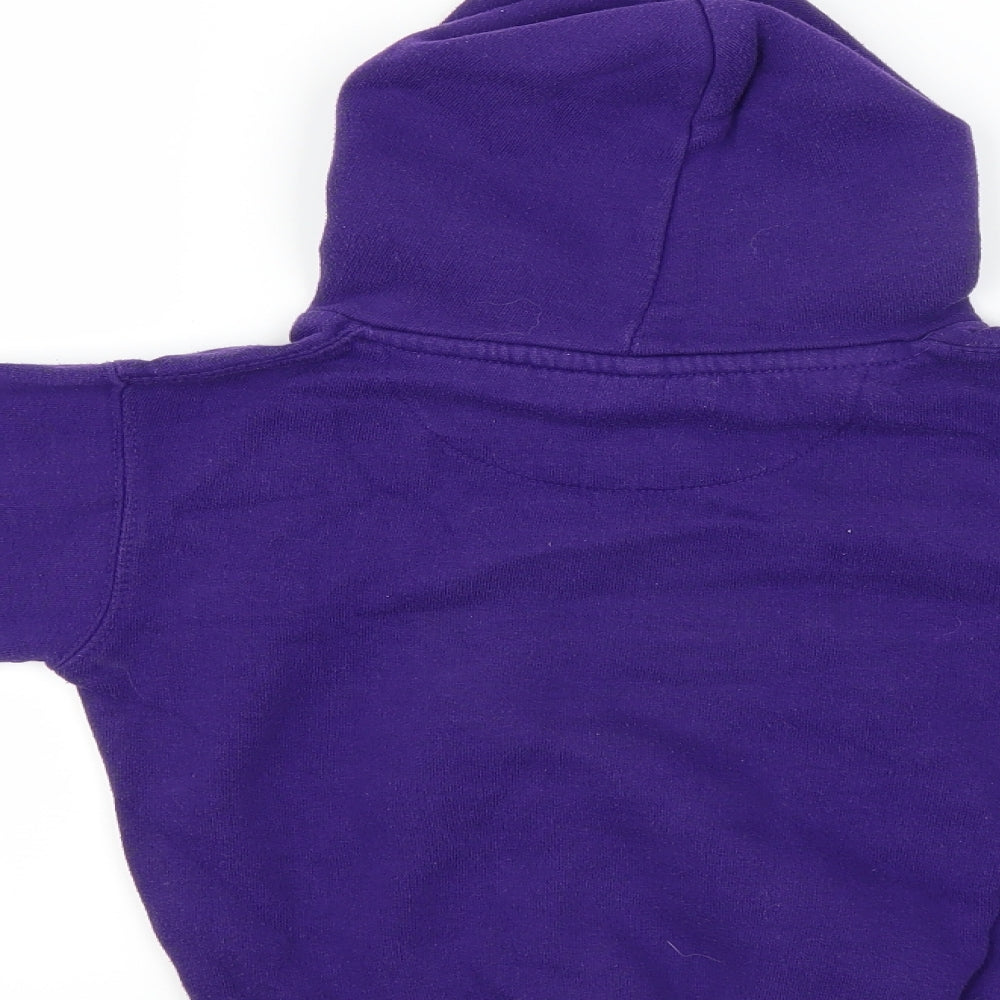 Brand and care label for Cotton Ridge boys’ purple pullover hoodie, size 5-6, years