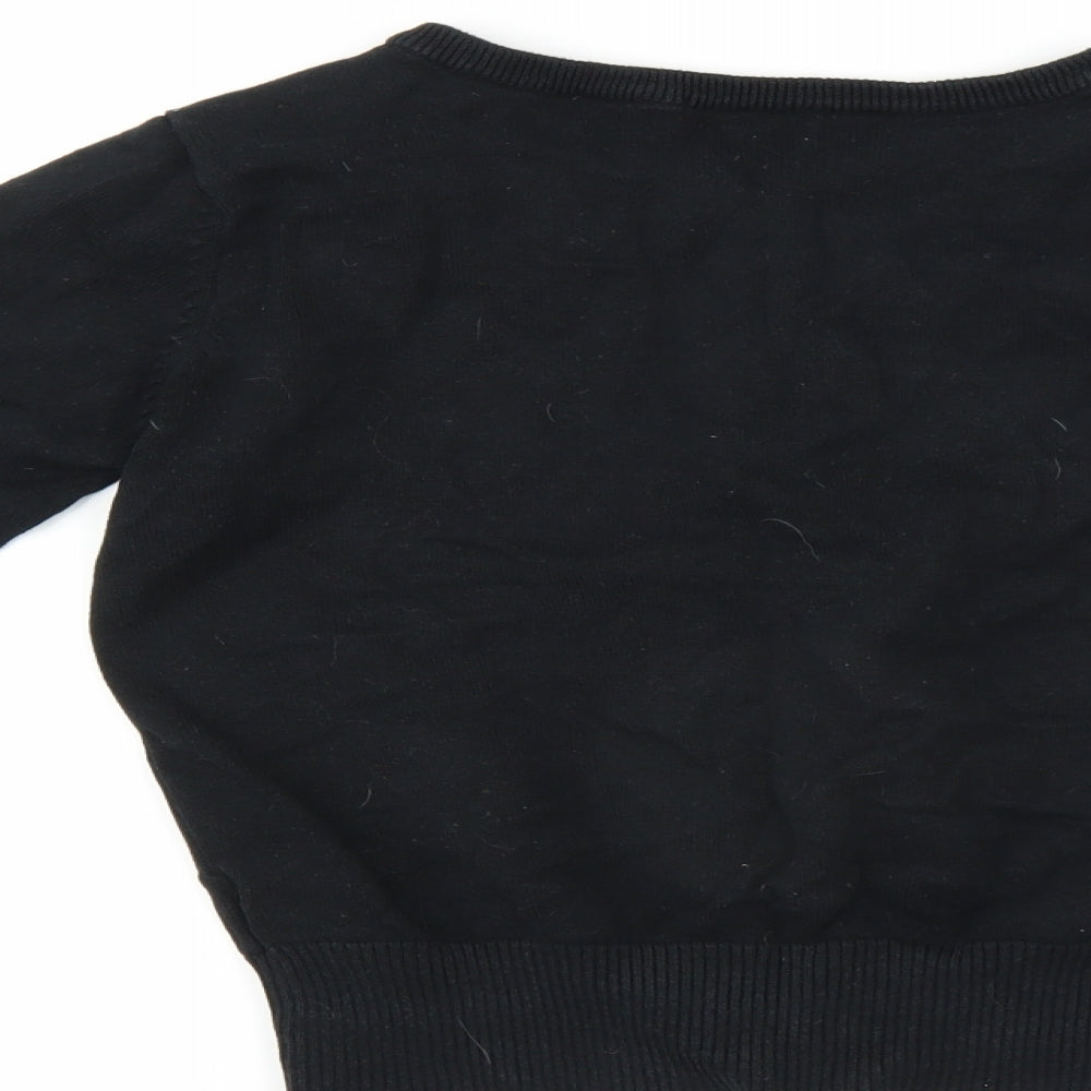 Brand and care label for Indigo girls’ black cardigan jumper, size 11-12, years