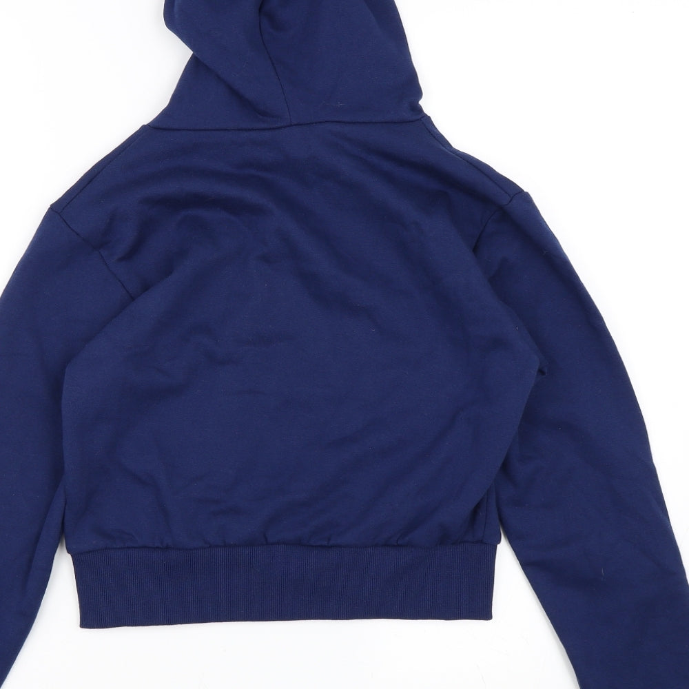 Brand and care label for Preworn girls’ blue pullover hoodie, size S
