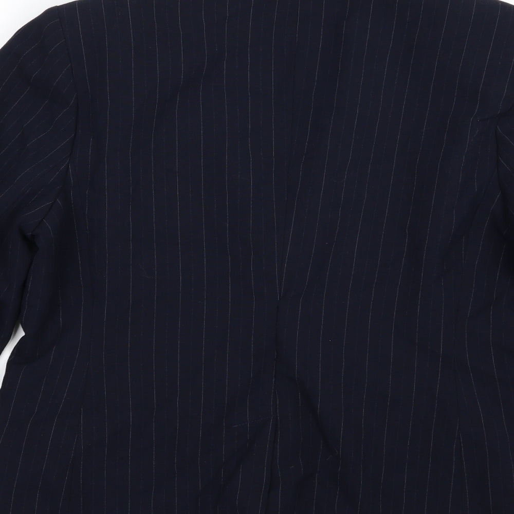 Brand and care label for Autonomy women’s blue striped rayon jacket suit jacket, size UK 14