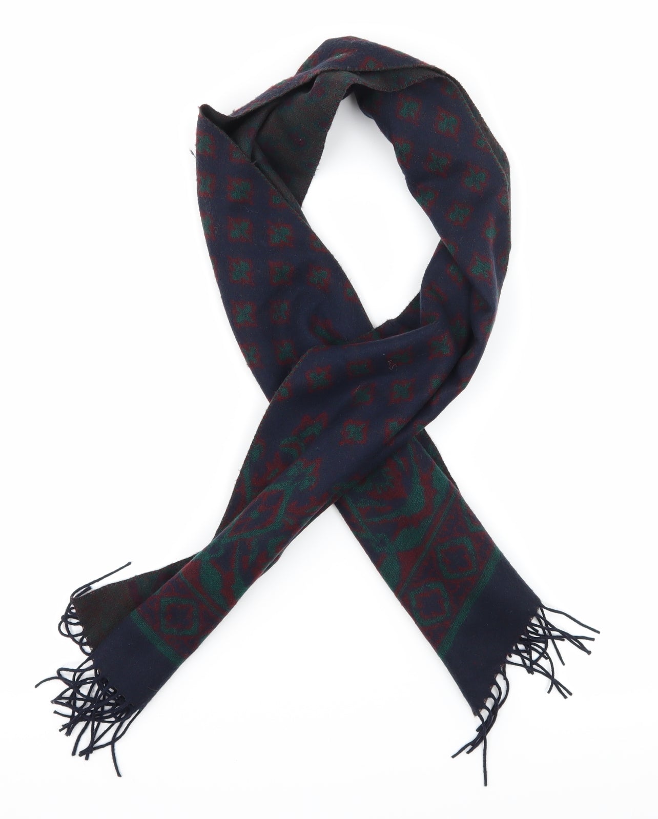 Front view of St Michael women’s blue geometric knit scarf
