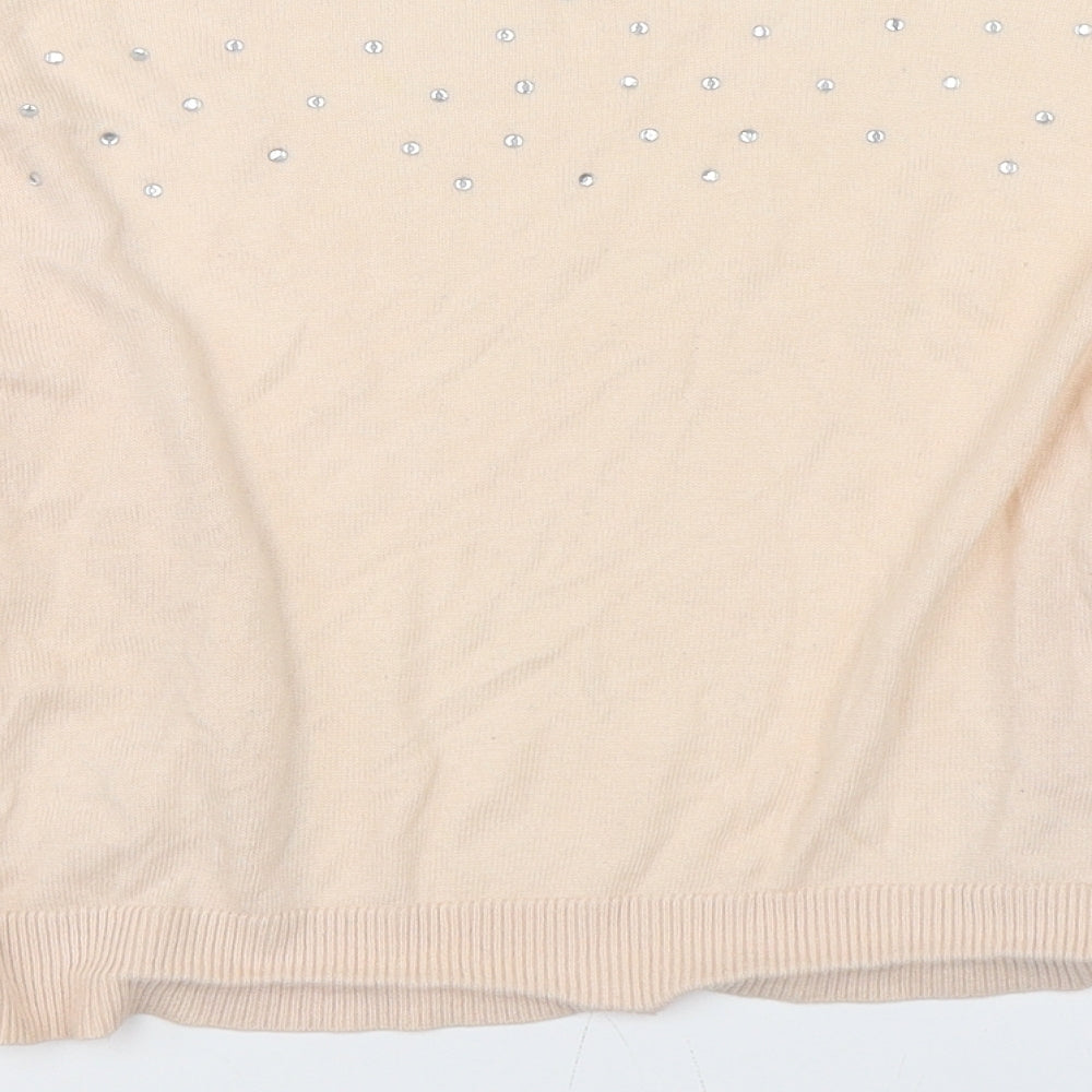 Brand and care label for H&M women’s pink cardigan jumper, size M, - rhinestone detail