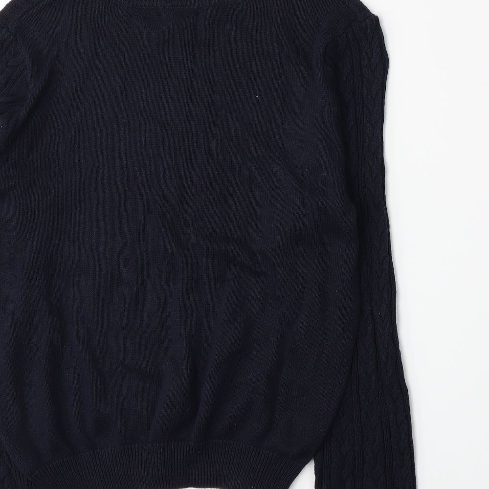 Brand and care label for H&M women’s blue knit jumper, size L