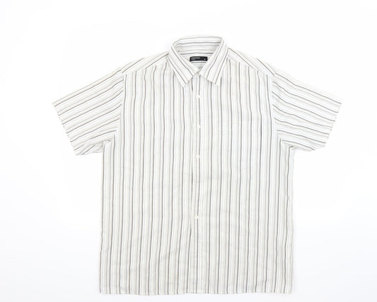 Additional front view of Cedarwood State men’s white striped button-up, size M
