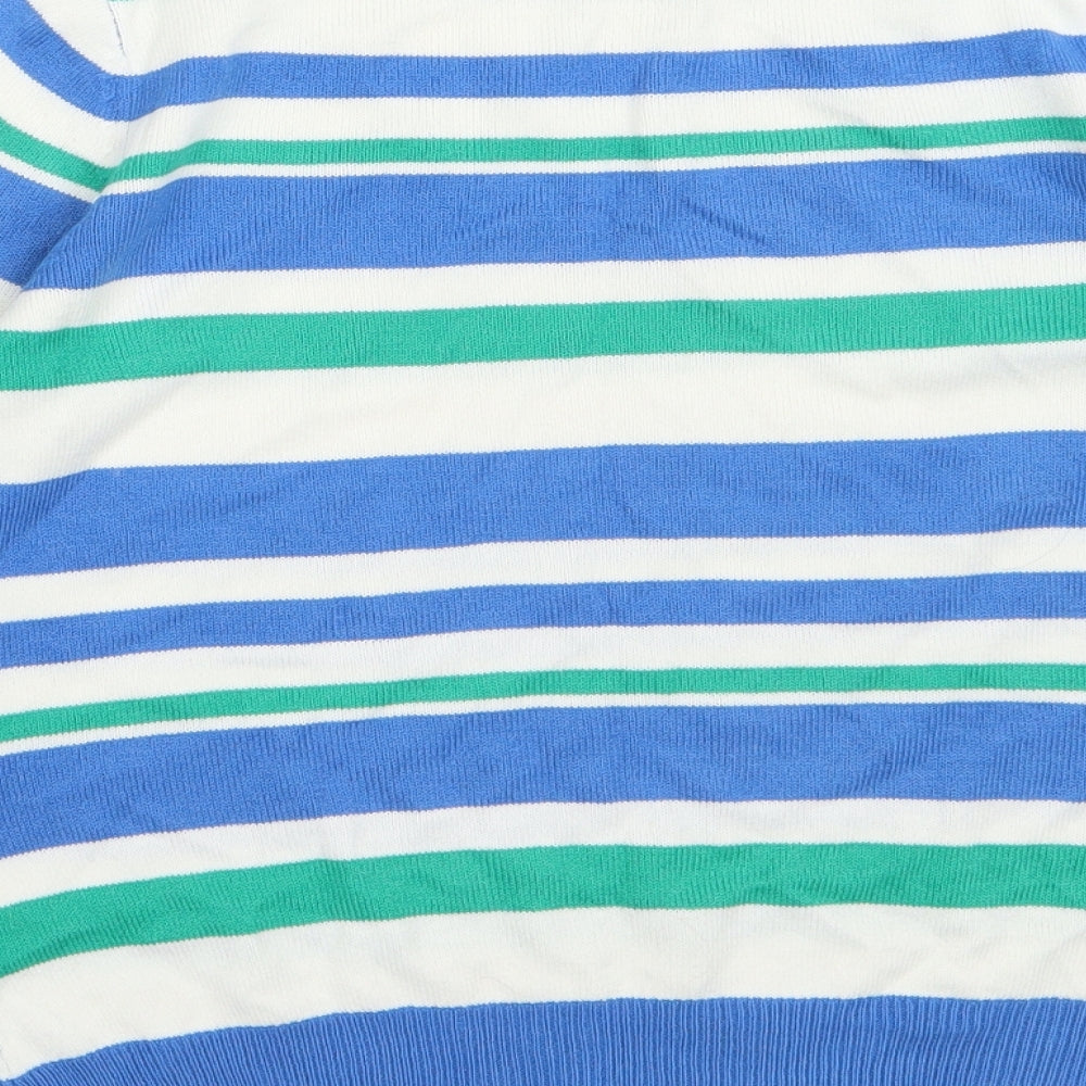 Brand and care label for BHS women’s blue striped knit jumper, size UK 8