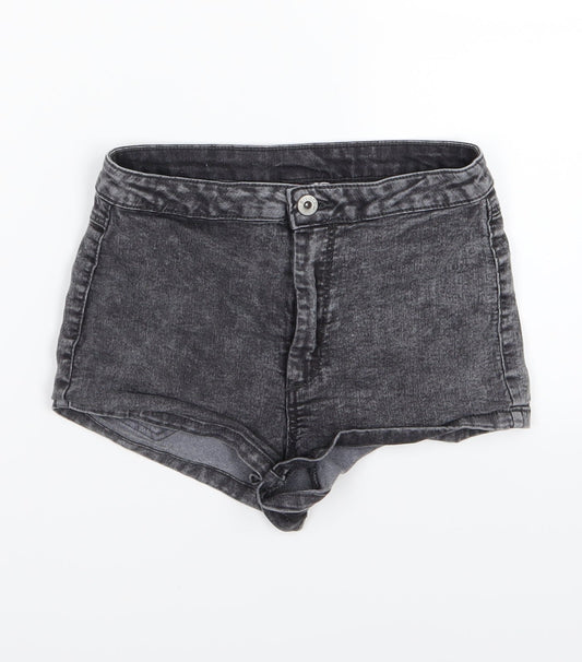 Additional front view of Divided by H&M women’s grey denim hot pants shorts, size UK 8