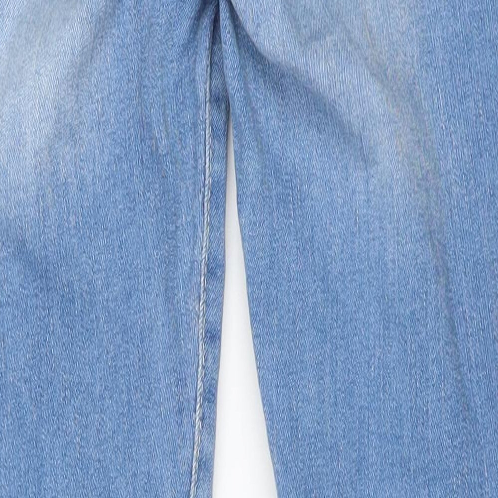 Brand and care label for women’s blue straight jeans, size UK 8, 22-inch leg