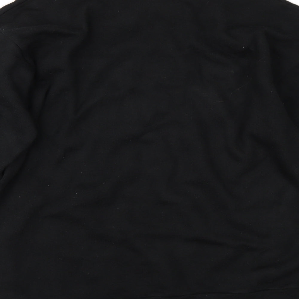 Brand and care label for origenarts women’s black pullover sweatshirt, size M