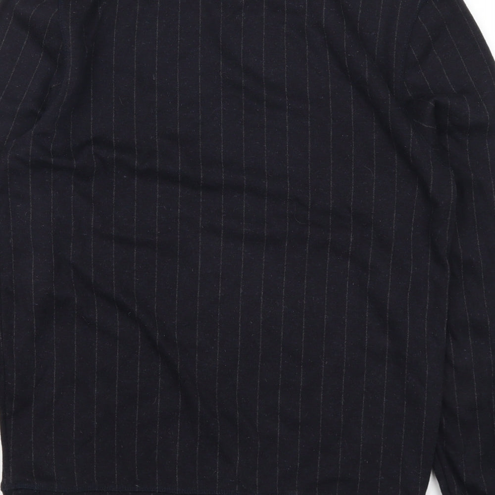 Brand and care label for H&M men’s blue striped pullover sweatshirt, size XS