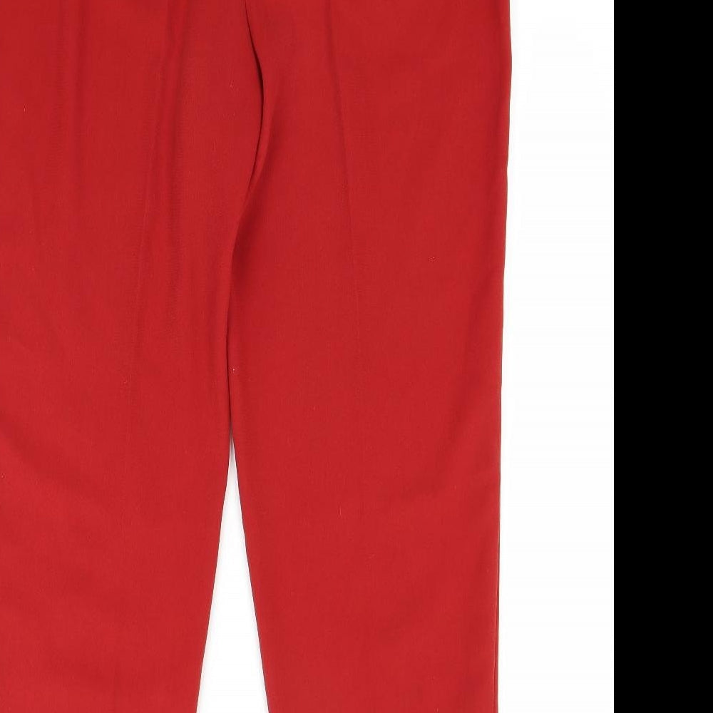 Brand and care label for Gregory Pat women’s red trousers, size UK 16, 28-inch leg