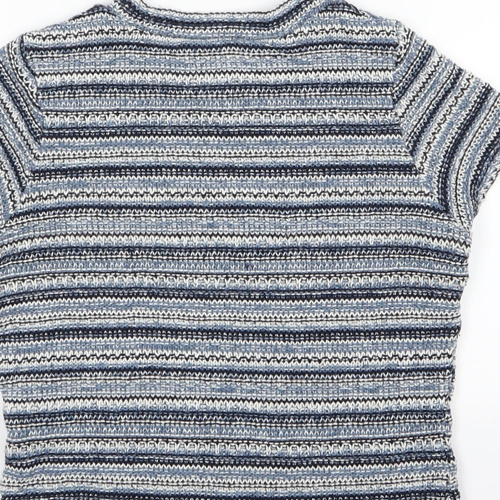 Brand and care label for River Island women’s blue striped knit jumper, size UK 8