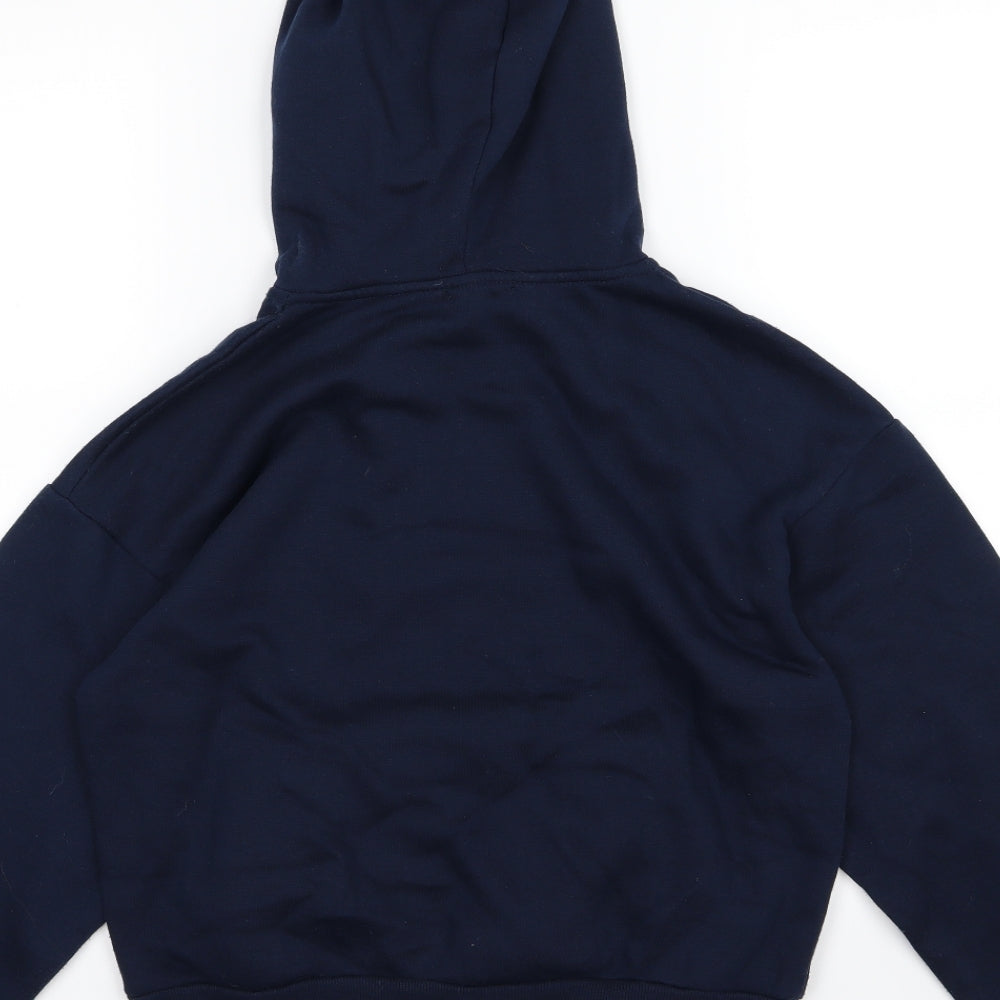 Brand and care label for Berska women’s blue jersey pullover hoodie, size S