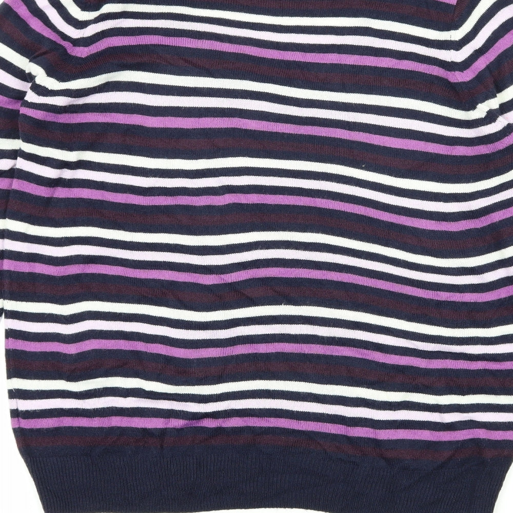 Brand and care label for Marks & Spencer women’s purple striped knit jumper, size UK 12
