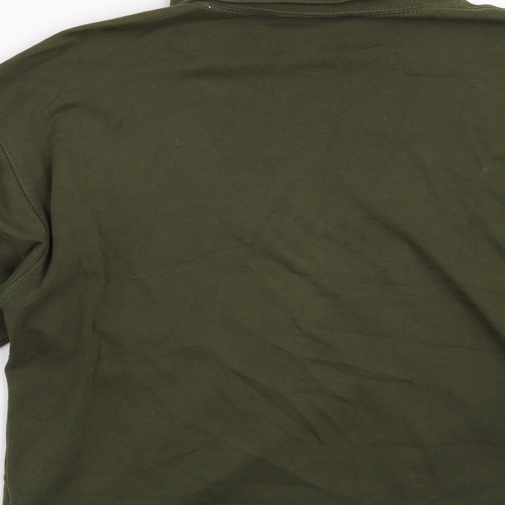 Brand and care label for Compliments women’s green pullover sweatshirt, size S
