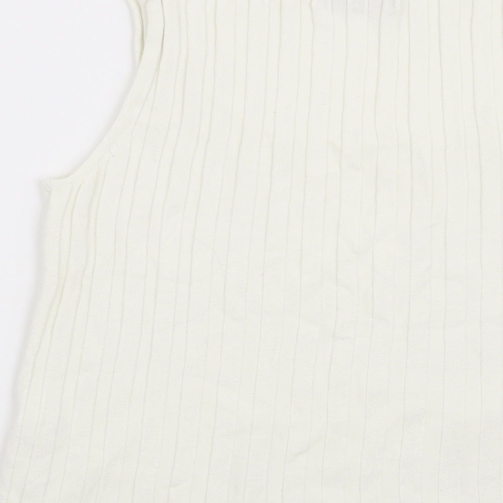 Brand and care label for Kaleidoscope women’s white vest jumper, size UK 10