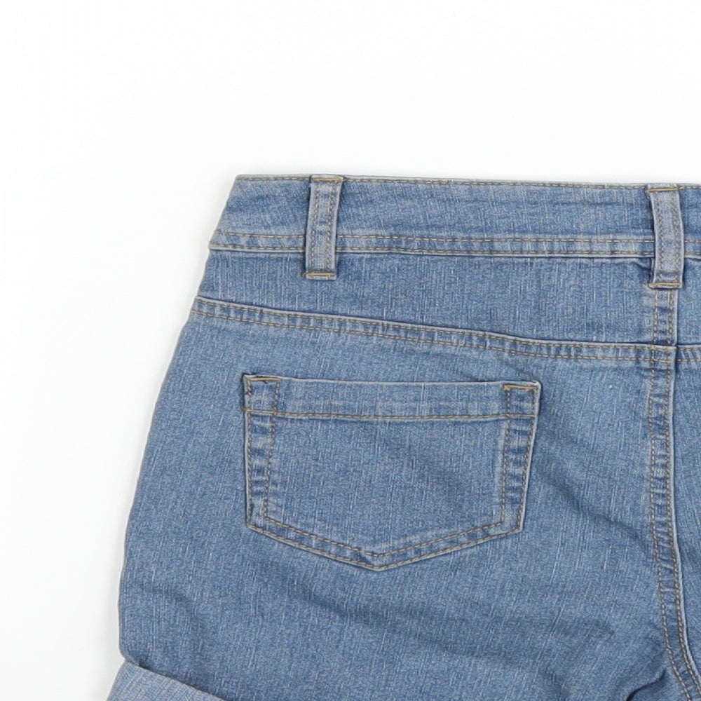 Brand and care label for Heart and Soul women’s blue cut-off shorts, size UK 6
