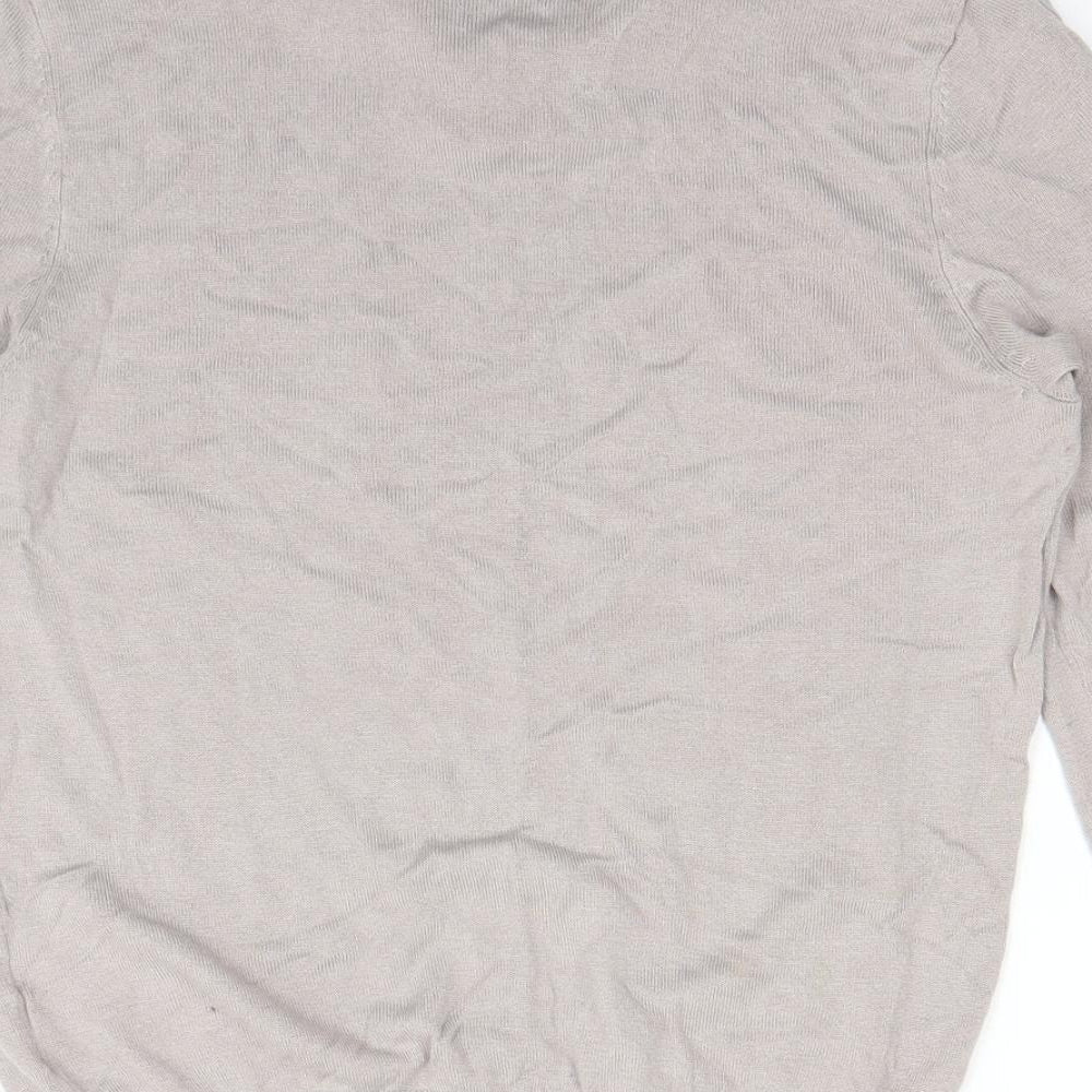 Brand and care label for H&M women’s grey pullover sweatshirt, size M
