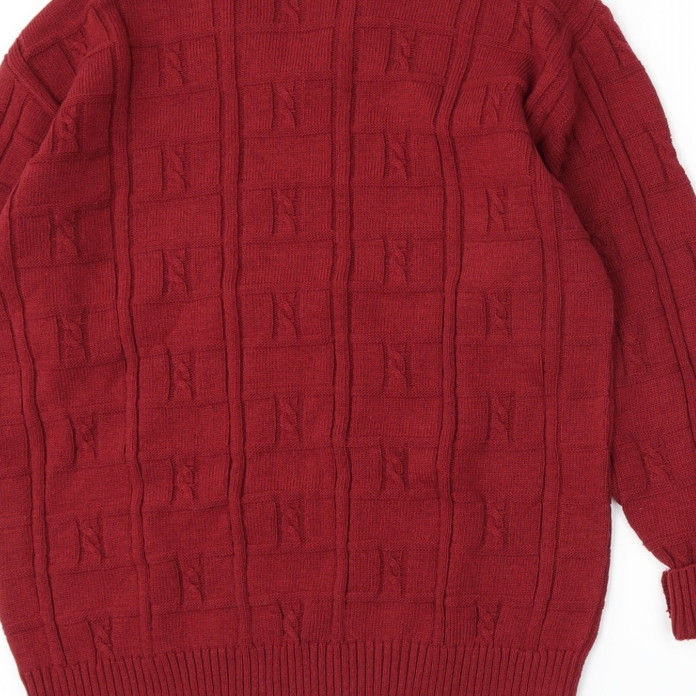 Brand and care label for Tom Hanson women’s red knit jumper, size L