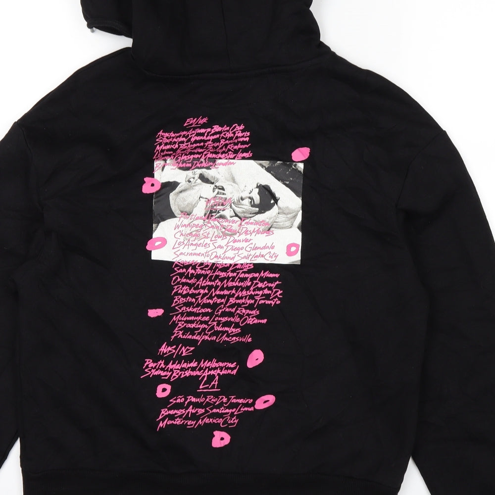Brand and care label for H&M women’s black pullover hoodie, size S