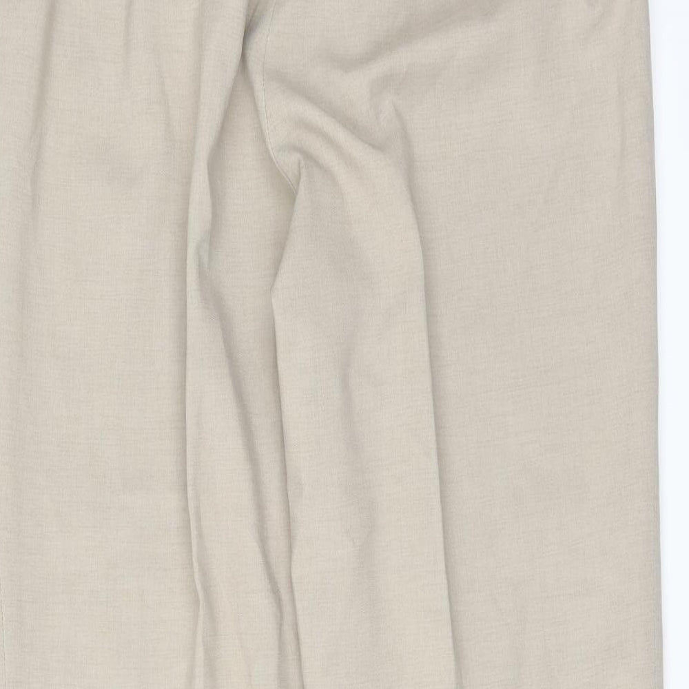 Brand and care label for Debenhams women’s beige trousers, size UK 14, 27-inch leg