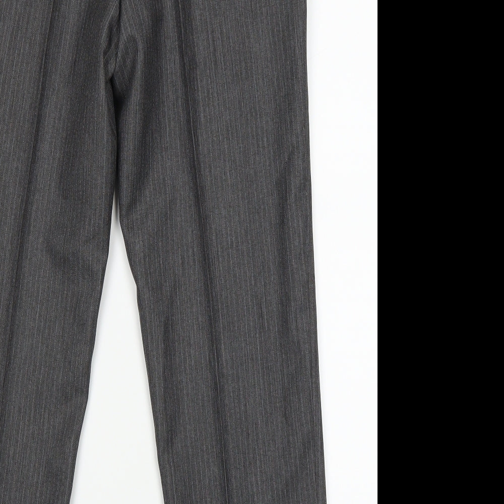 Brand and care label for Preworn men’s grey striped trousers, size 32, in, 28-inch leg