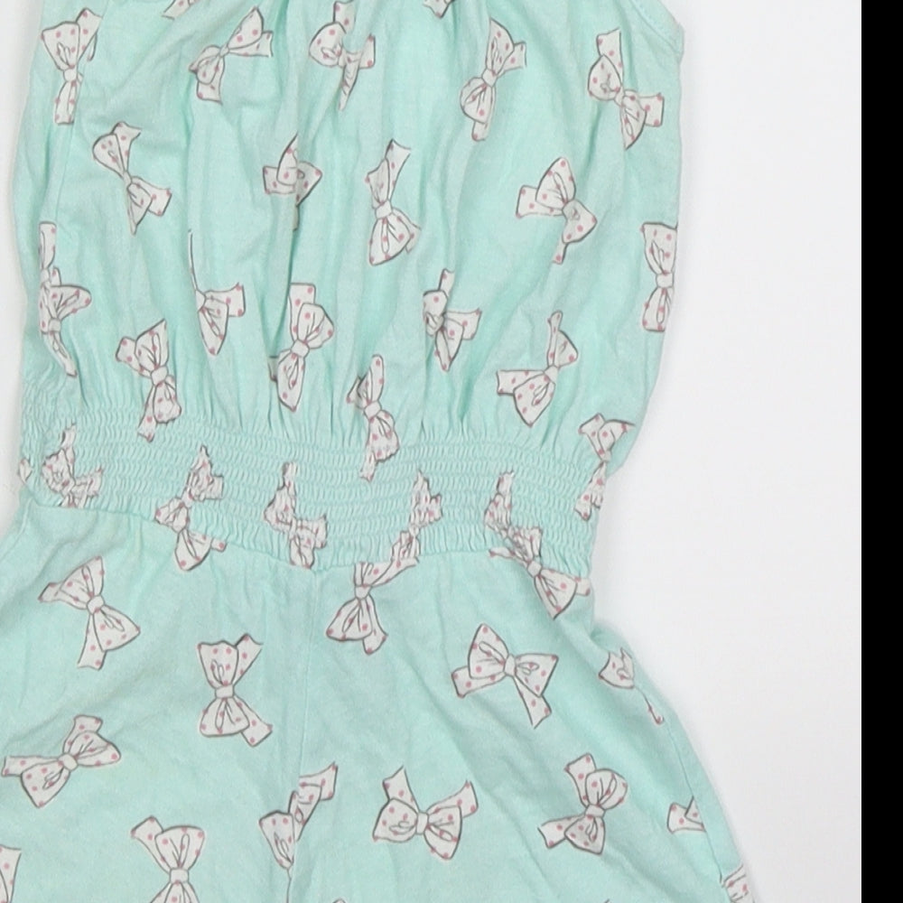 Brand and care label for Girl2Girl girls’ green flecked playsuit one-piece, size 2-3, years - bows